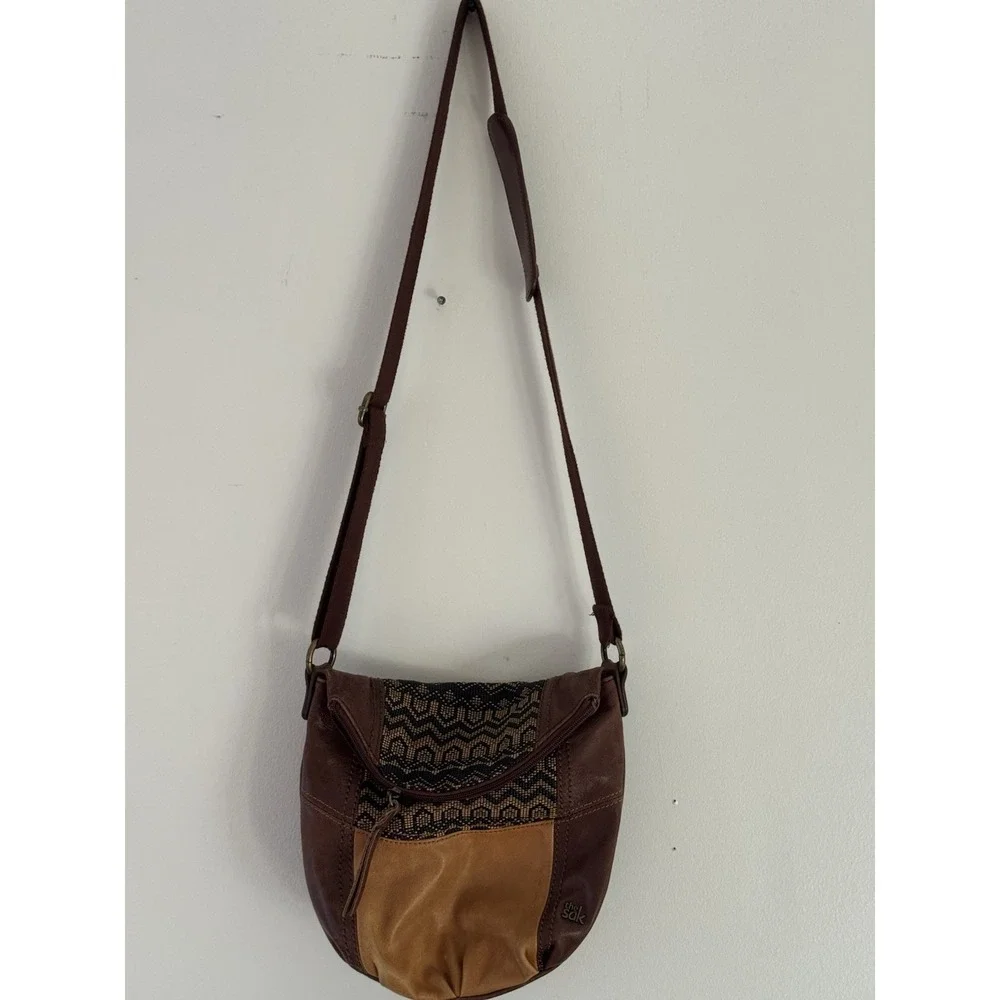 Vintage Y2K‎ The Sak Leather Crossbody Purse Brown Patchwork Boho Woven